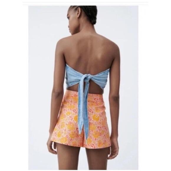 New NWT Zara Linen Cotton Floral Shorts Size Large Pink Orange - Picture 2 of 11
